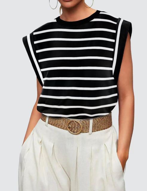 Black Striped Round Neck Short Sleeve T-shirt
