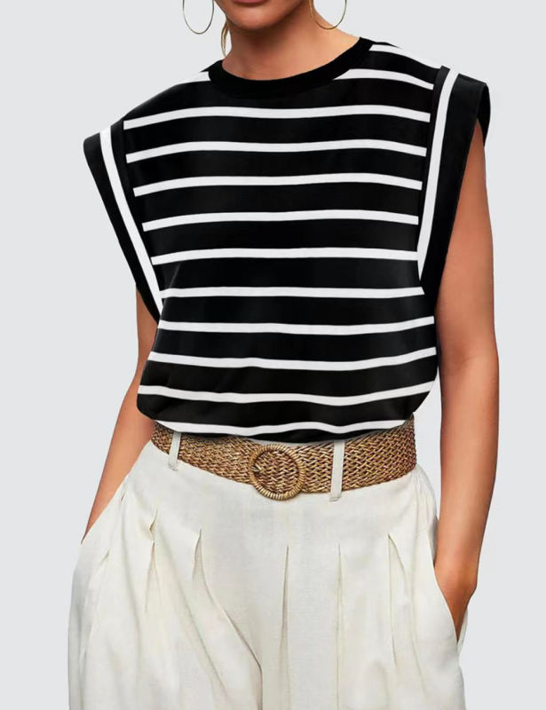 Black Striped Round Neck Short Sleeve T-shirt