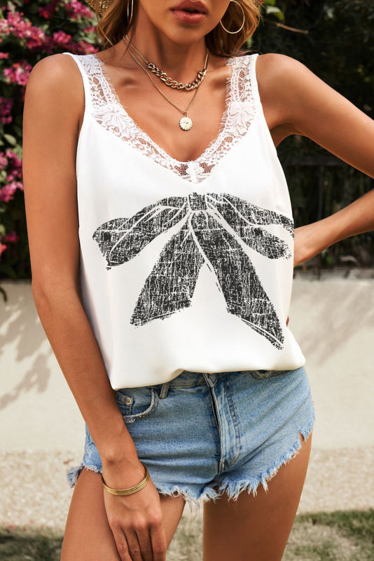 White Bow Knot Print Lace Splicing V Neck Tank Top
