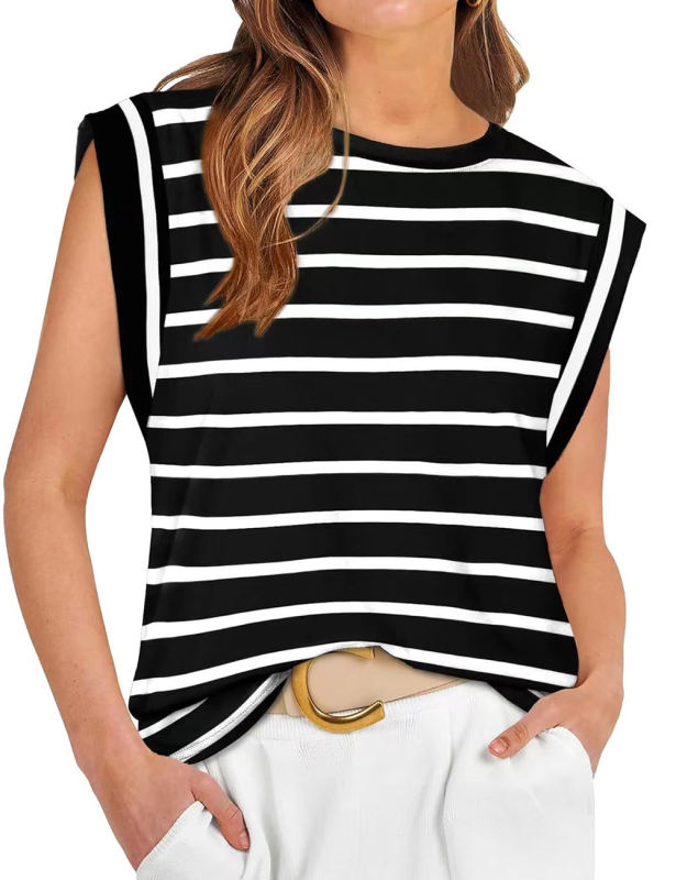 Black Striped Round Neck Short Sleeve T-shirt