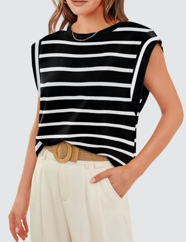 Black Striped Round Neck Short Sleeve T-shirt