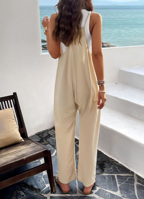 Apricot Solid Color V Neck Pocket Jumpsuit