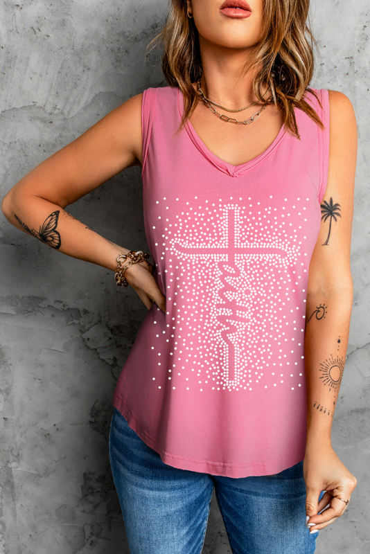 Pink Faith Rhinestone Seamed V Neck Tank Top