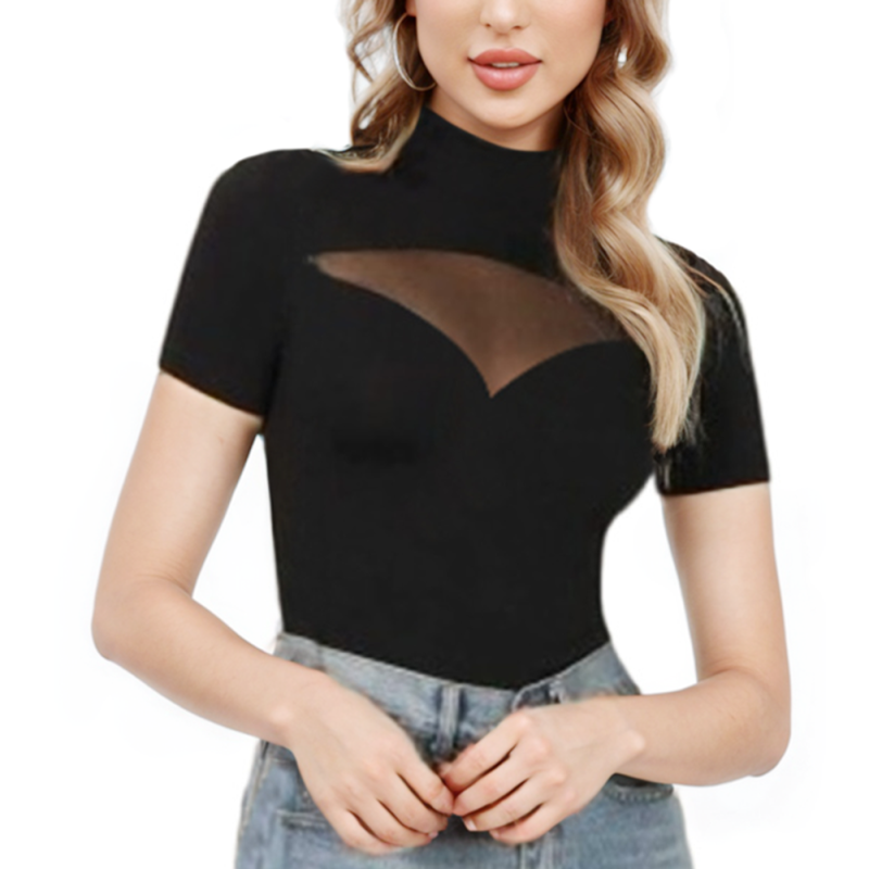 Black Mesh Spliced Mock Neck Short Sleeve Tops