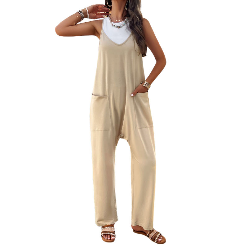 Apricot Solid Color V Neck Pocket Jumpsuit