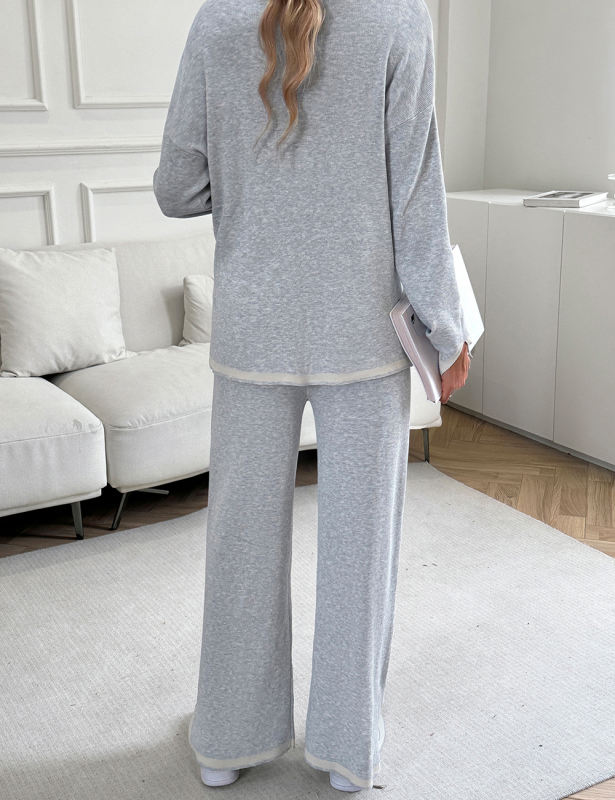 Gray Knitted Long Sleeve Top and Split Pant Set