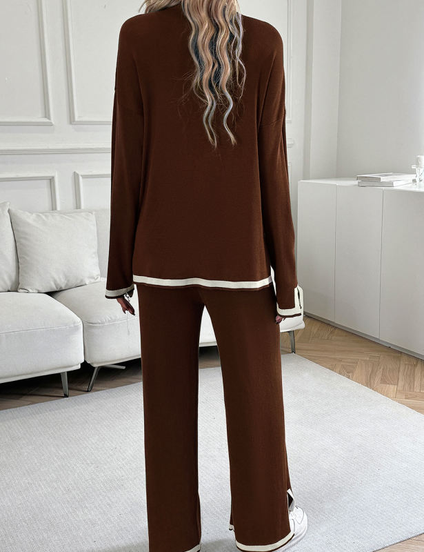 Brown Knitted Long Sleeve Top and Split Pant Set