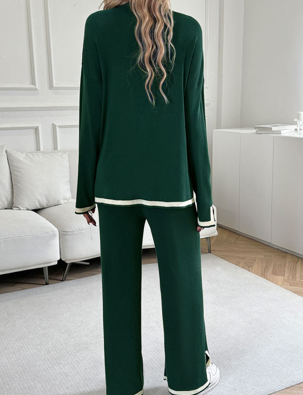 Green Knitted Long Sleeve Top and Split Pant Set