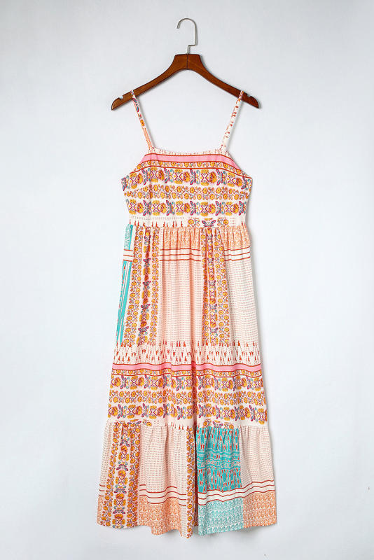 Multicolor Boho Patchwork Print Square Neck Sundress