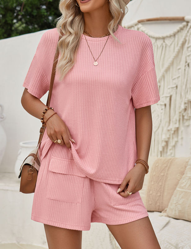 Pink Knit Short Sleeve Top and Pocket Shorts Set