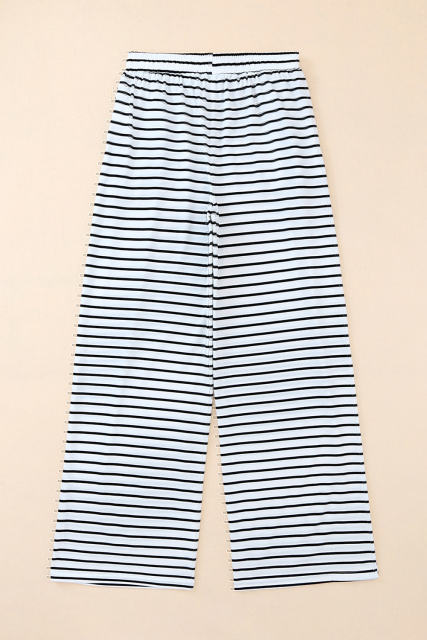 White Drawstring Striped Wide Leg Pants