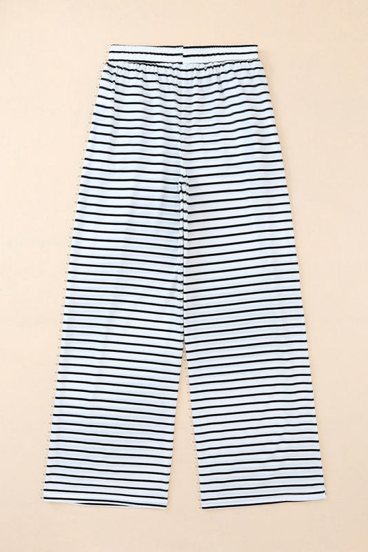 White Drawstring Striped Wide Leg Pants