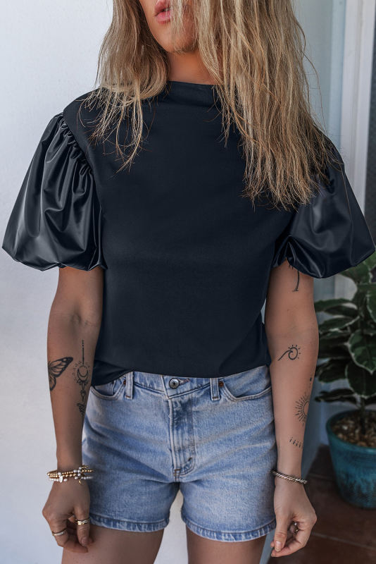 Black Faux Leather Puff Short Sleeve Mock Neck Top