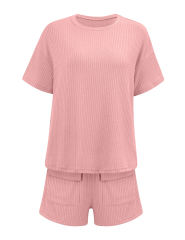 Pink Knit Short Sleeve Top and Pocket Shorts Set