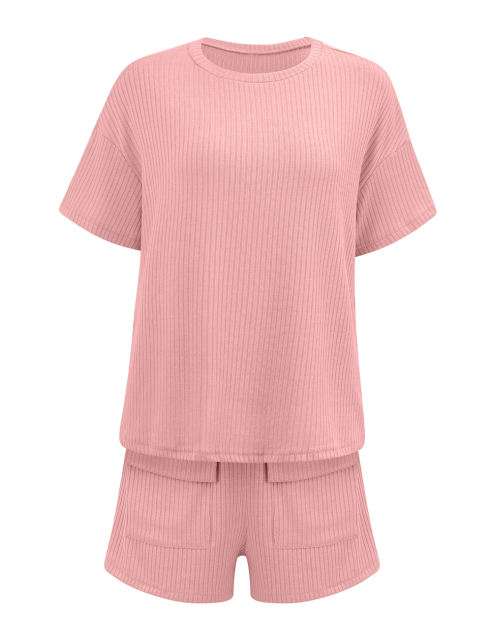 Pink Knit Short Sleeve Top and Pocket Shorts Set