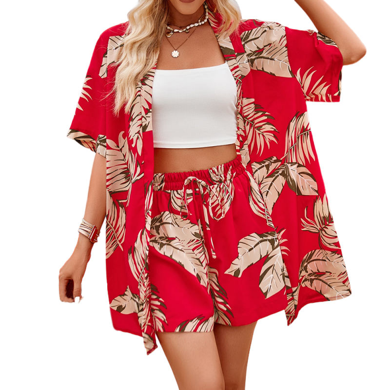 Red Bohemia Print Short Sleeve Blouse and Short Set