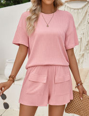 Pink Knit Short Sleeve Top and Pocket Shorts Set
