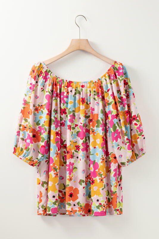 Red Floral Print Puff Sleeve Pleated Elastic Neckline Blouse