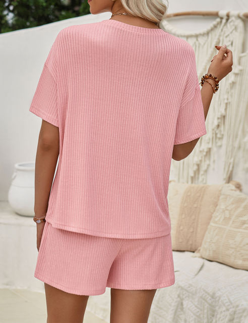 Pink Knit Short Sleeve Top and Pocket Shorts Set