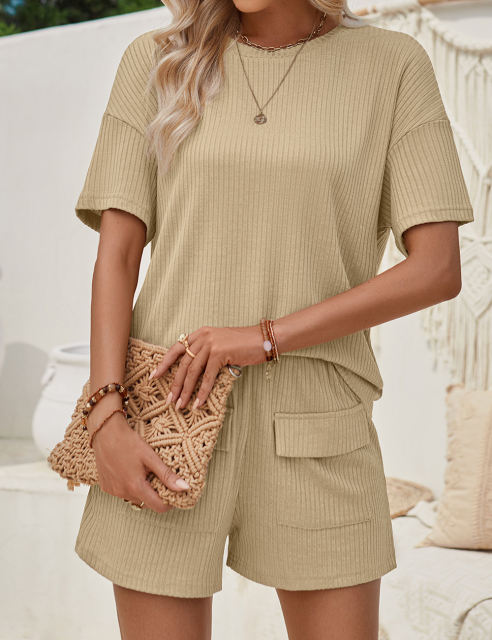 Khaki Knit Short Sleeve Top and Pocket Shorts Set