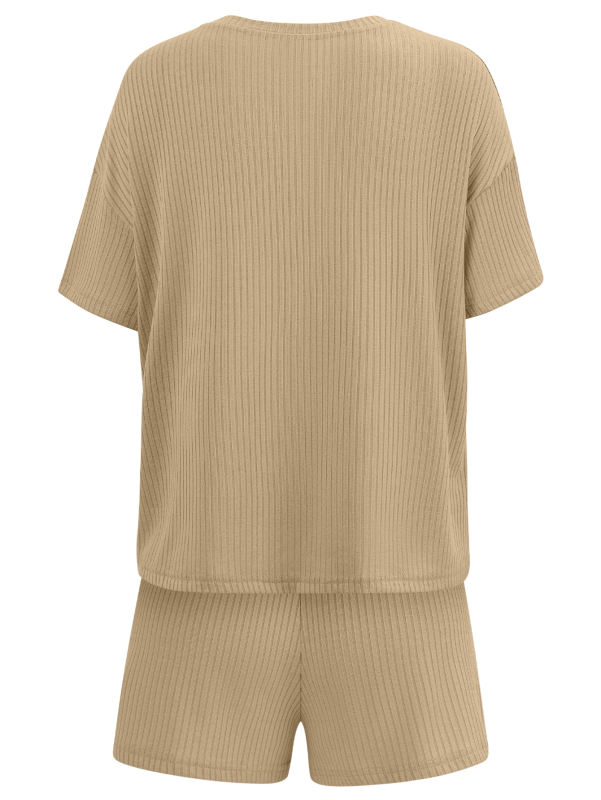 Khaki Knit Short Sleeve Top and Pocket Shorts Set