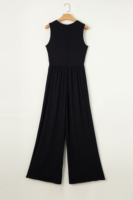 Black Cinched Waist Sleeveless Wide Leg Jumpsuit