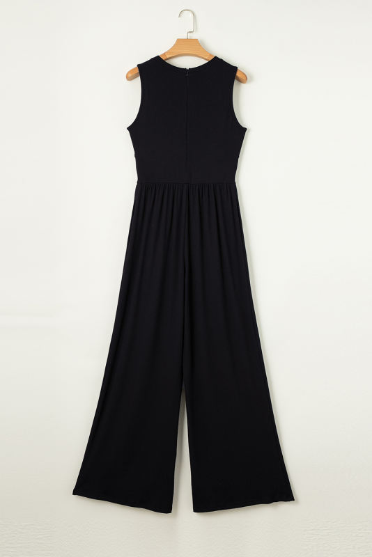 Black Cinched Waist Sleeveless Wide Leg Jumpsuit