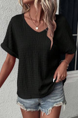 Black Textured Rolled Sleeve V Neck Tee