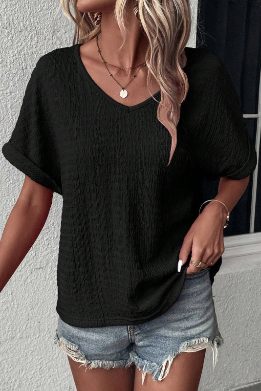 Black Textured Rolled Sleeve V Neck Tee