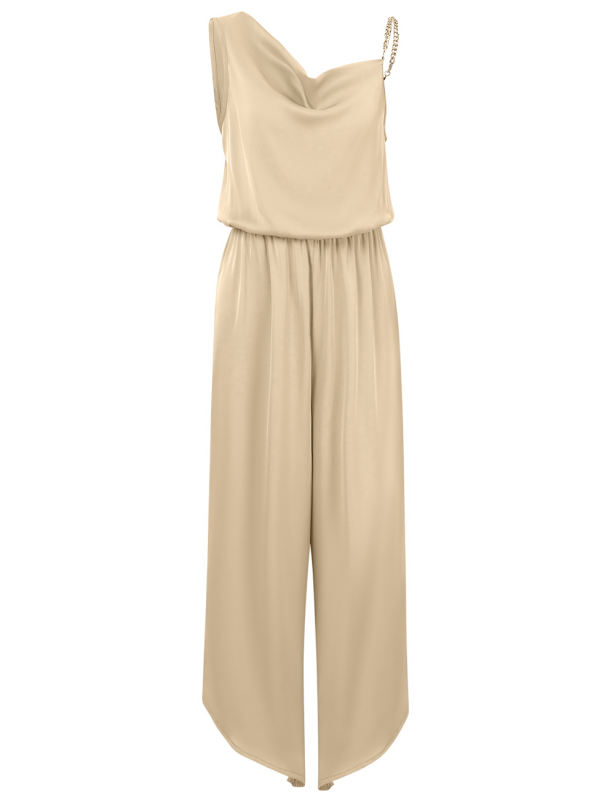 Apricot Solid Color Sleeveless Wide Leg Jumpsuit