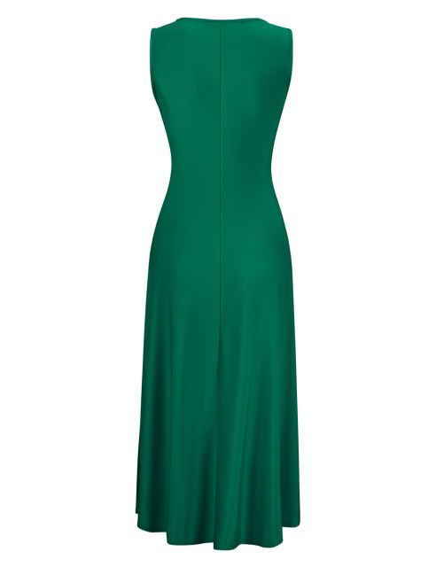 Dark Green Square Neck Tie Waist Split Sleeveless Dress