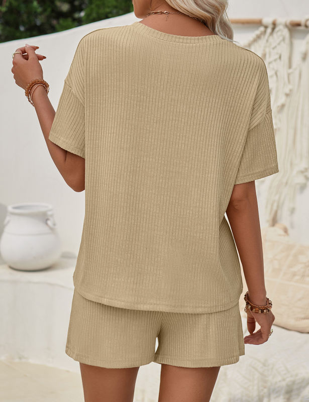 Khaki Knit Short Sleeve Top and Pocket Shorts Set