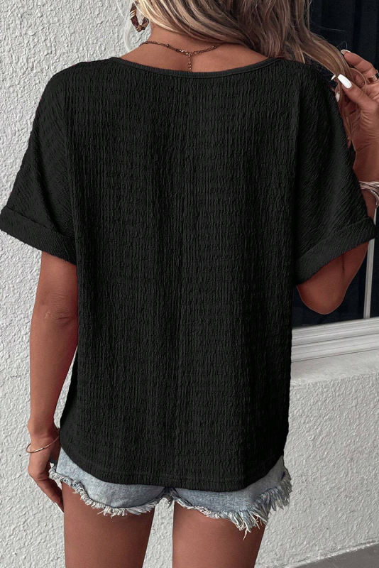 Black Textured Rolled Sleeve V Neck Tee
