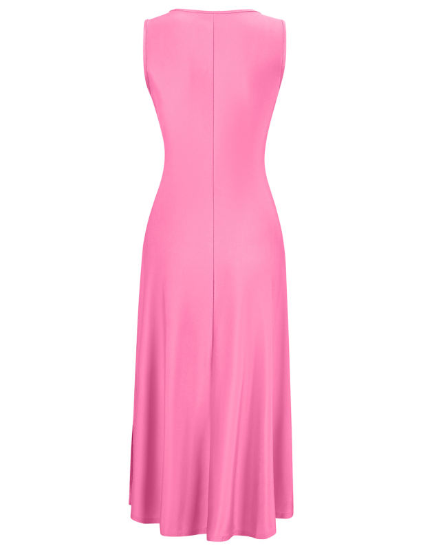 Pink Square Neck Tie Waist Split Sleeveless Dress