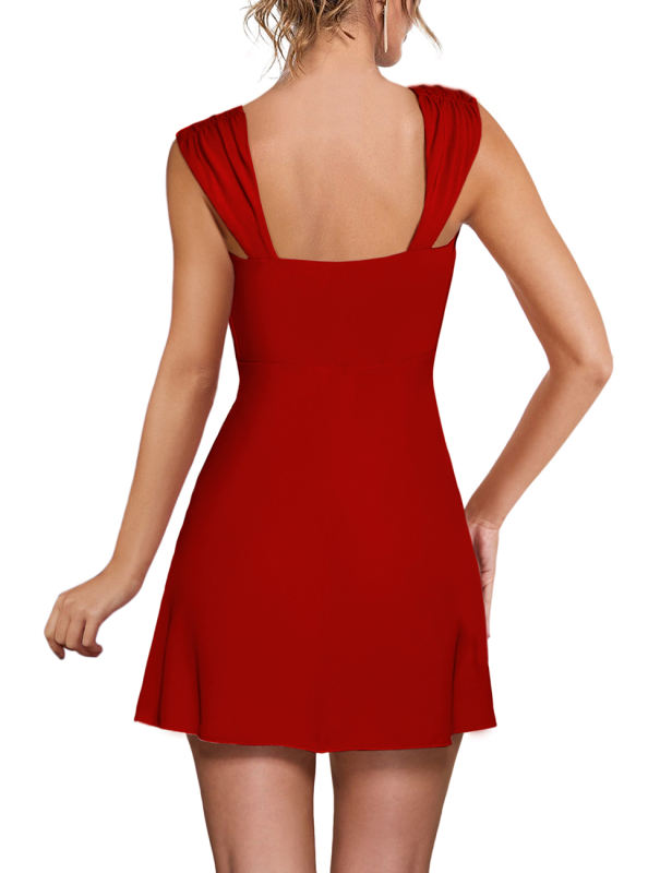 Red Ruffle Hem Side Split Square Neck Dress