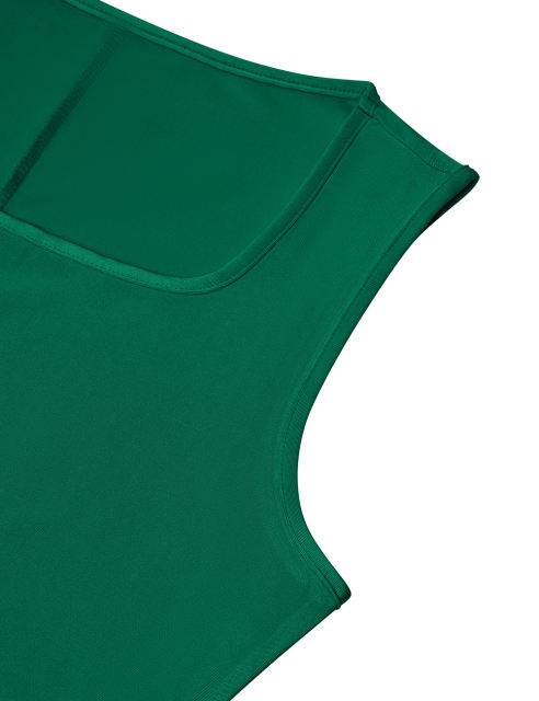 Dark Green Square Neck Tie Waist Split Sleeveless Dress