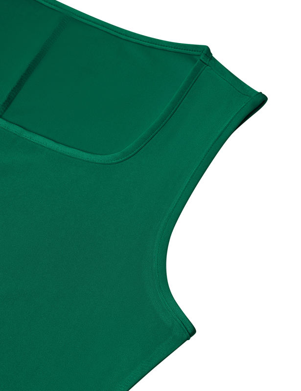 Dark Green Square Neck Tie Waist Split Sleeveless Dress