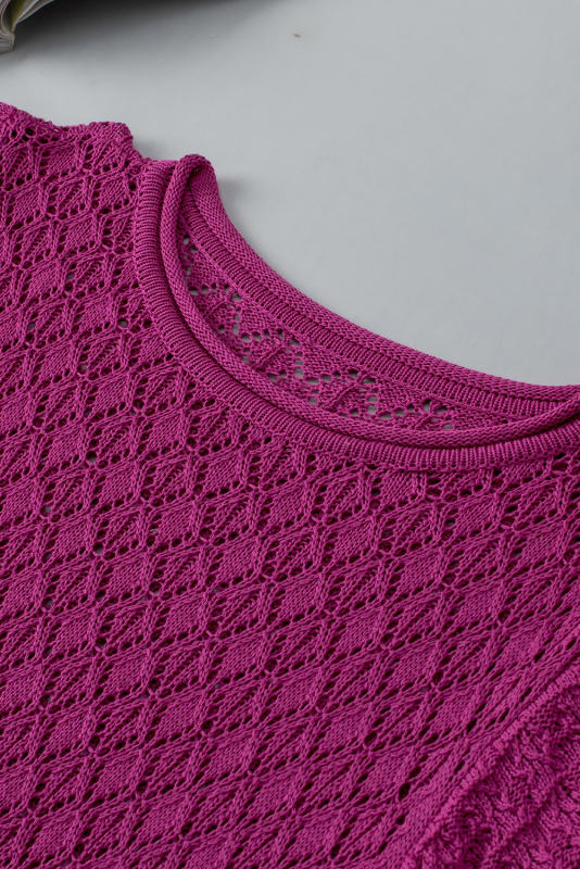 Violet Ruffled Short Sleeve Textured Knit Sweater