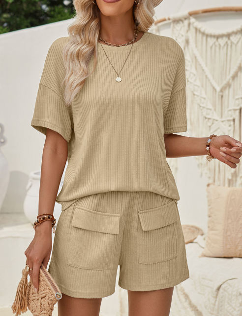 Khaki Knit Short Sleeve Top and Pocket Shorts Set
