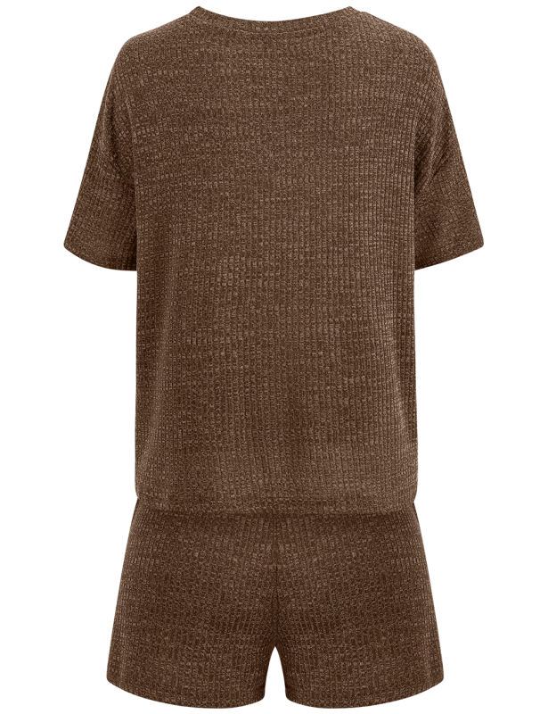 Coffee Knit Short Sleeve Top and Pocket Shorts Set