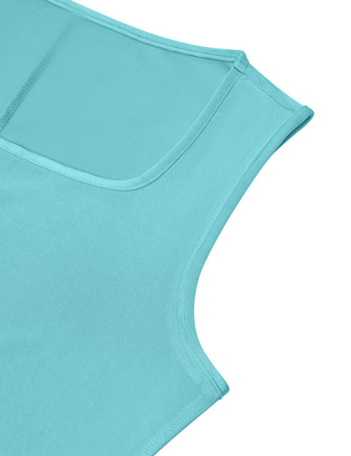 Blue Square Neck Tie Waist Split Sleeveless Dress