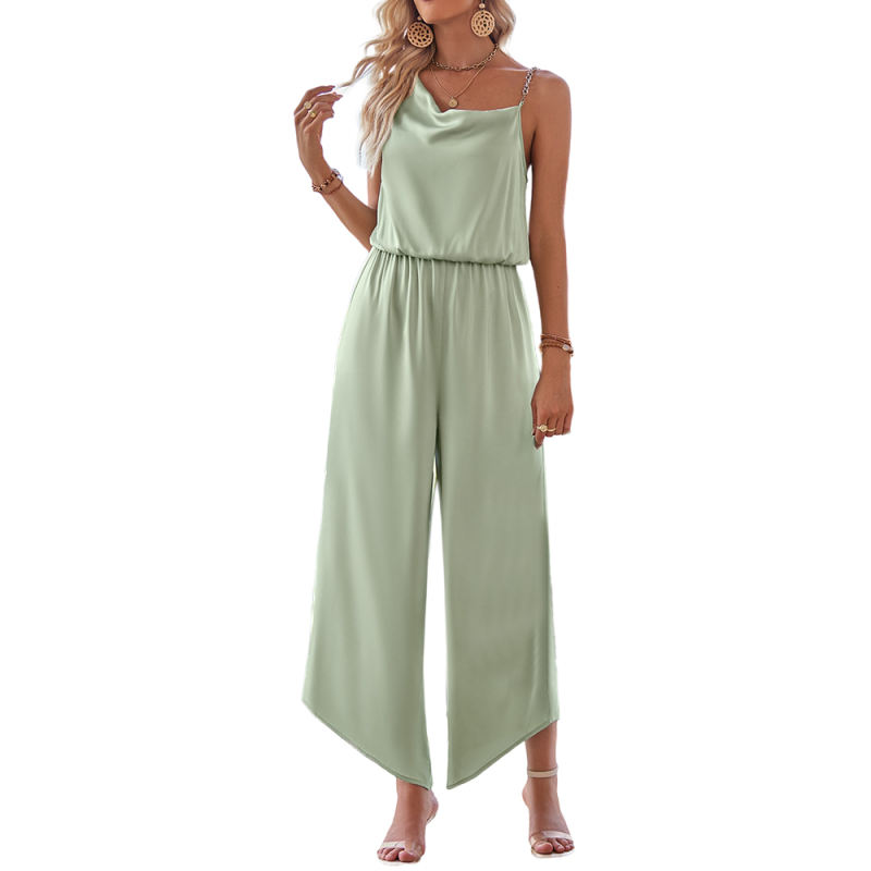 Green Solid Color Sleeveless Wide Leg Jumpsuit