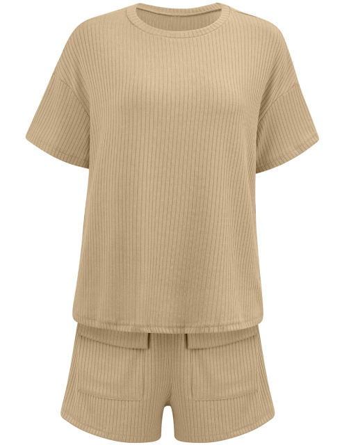 Khaki Knit Short Sleeve Top and Pocket Shorts Set