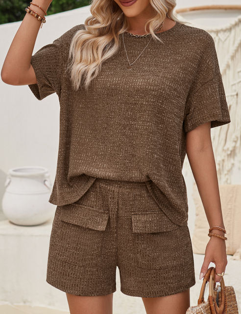 Coffee Knit Short Sleeve Top and Pocket Shorts Set
