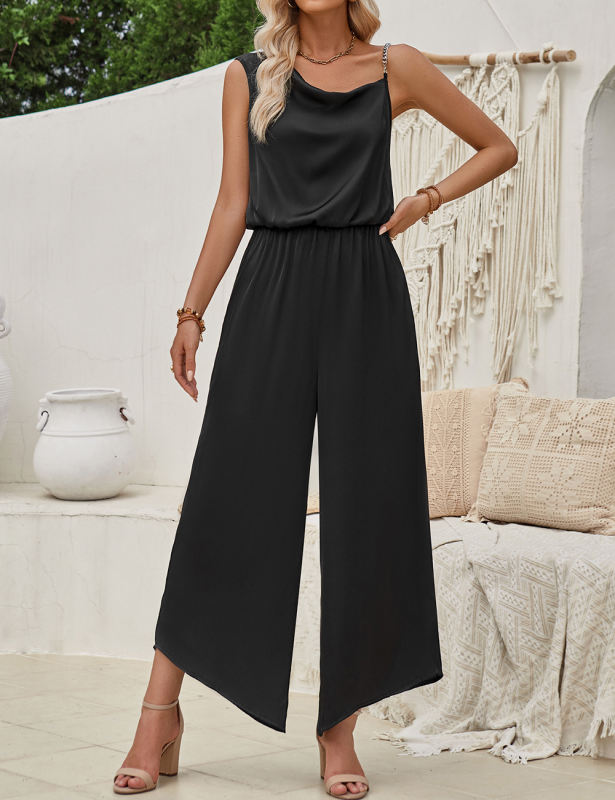 Black Solid Color Sleeveless Wide Leg Jumpsuit