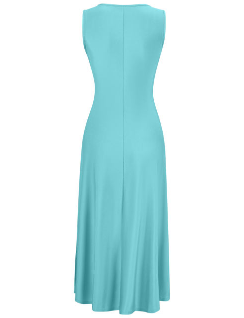 Blue Square Neck Tie Waist Split Sleeveless Dress