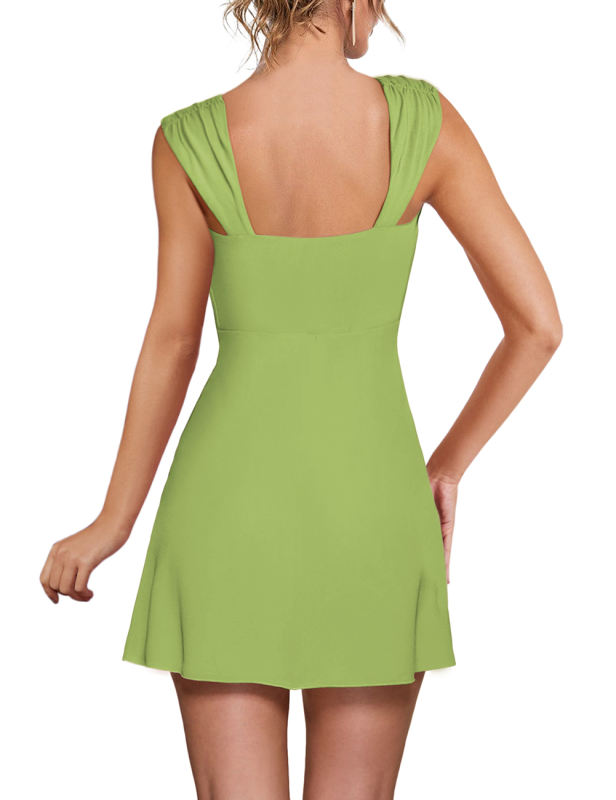 Green Ruffle Hem Side Split Square Neck Dress