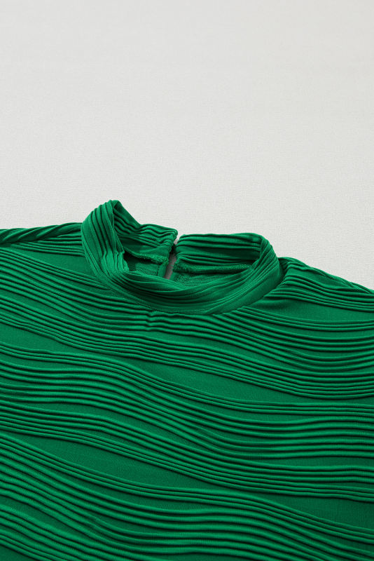 Dark Green Wavy Textured Mock Neck Cap Sleeve Top