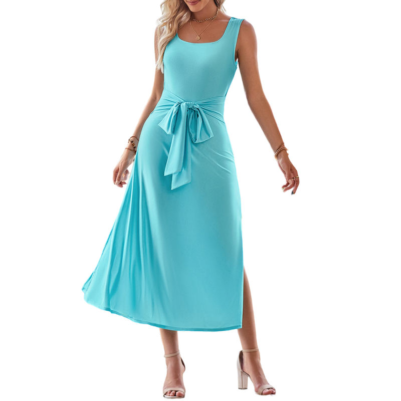 Blue Square Neck Tie Waist Split Sleeveless Dress