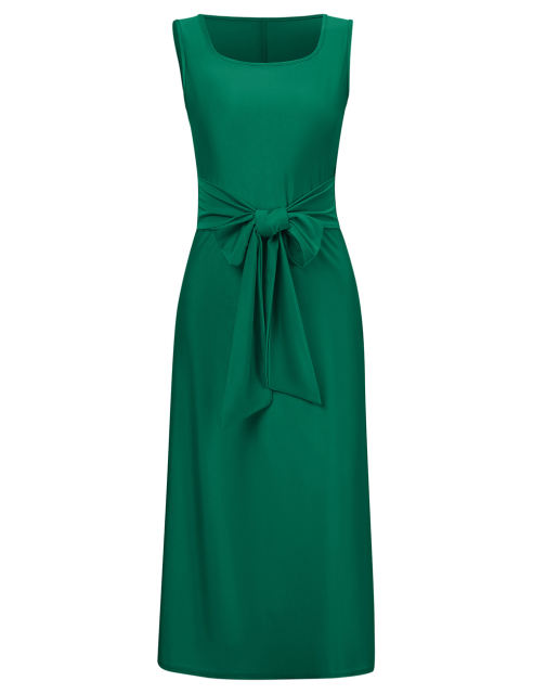 Dark Green Square Neck Tie Waist Split Sleeveless Dress